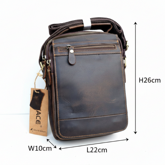 Vivace Dark Coffee leather larger sling bag with dimensions on a white background