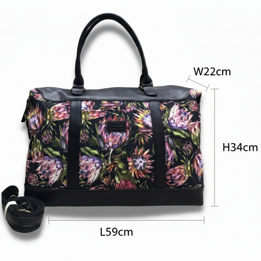 VIVACE WEEKENDER BAG: BLACK CANVAS with PROTEA DETAILING and BLACK PU LEATHER TRIM with sizes