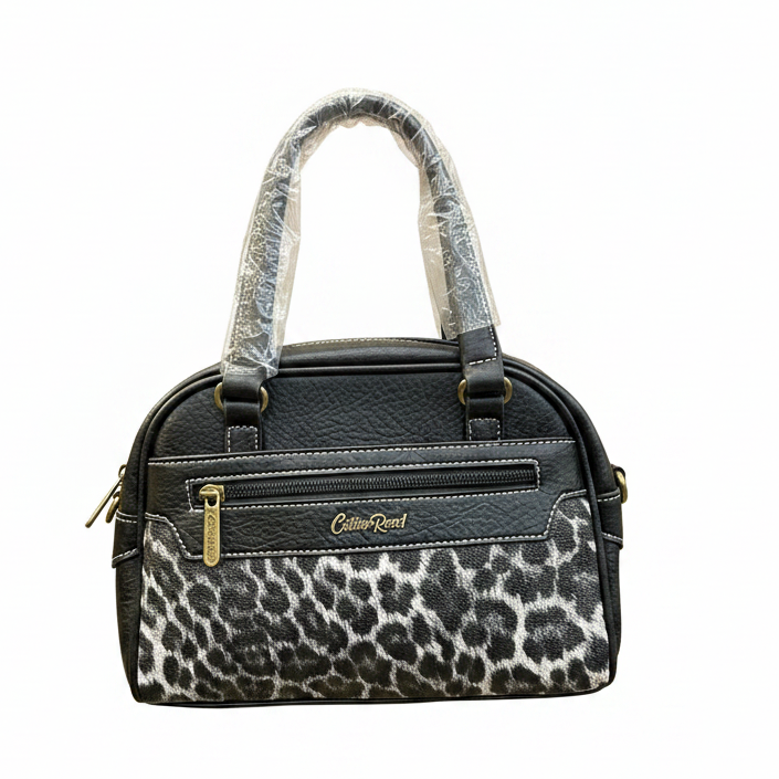 Cotton Road Handbag: BLACK PU Leather Handbag with LEOPARD PRINT Panel