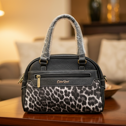 Cotton Road Handbag: BLACK PU Leather Handbag with LEOPARD PRINT Panel