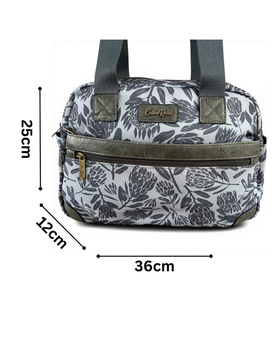 Cotton Road Handbag: BLUE/GREY Canvas PROTEA Print with MATCHING Cardholder