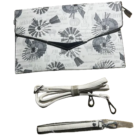 VIVACE CLUTCH BAG: WHITE FAUX Leather SLING BAG with GREY WINDMILL Print