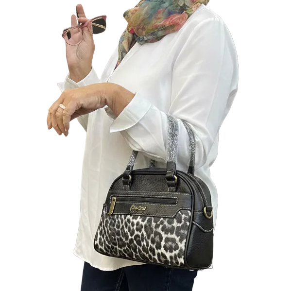 Cotton Road Handbag: BLACK PU Leather Handbag with LEOPARD PRINT Panel