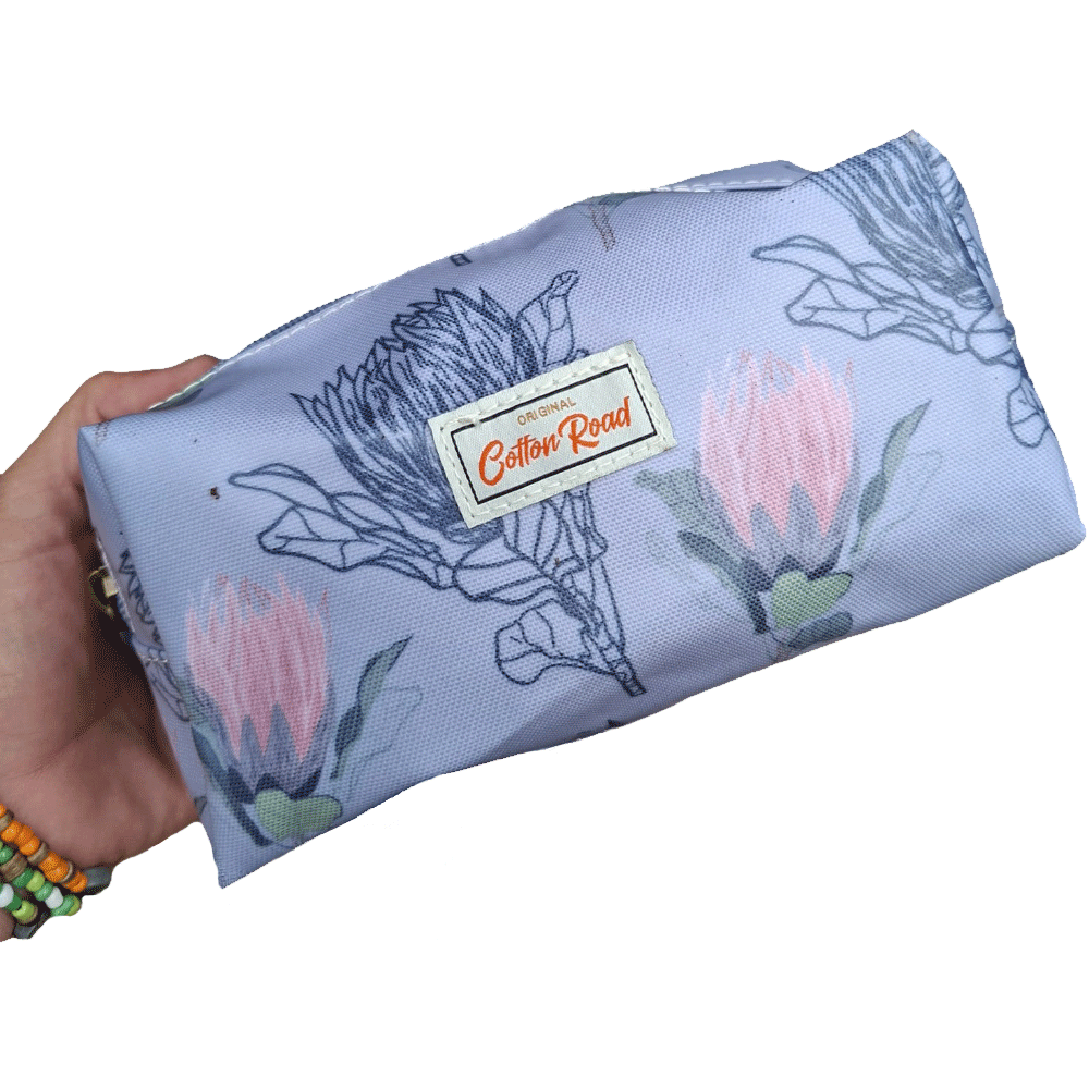 Cotton Road 4-Piece Vanity Set: BLUE GREY PVC Cosmetic Bag Set with PROTEAS