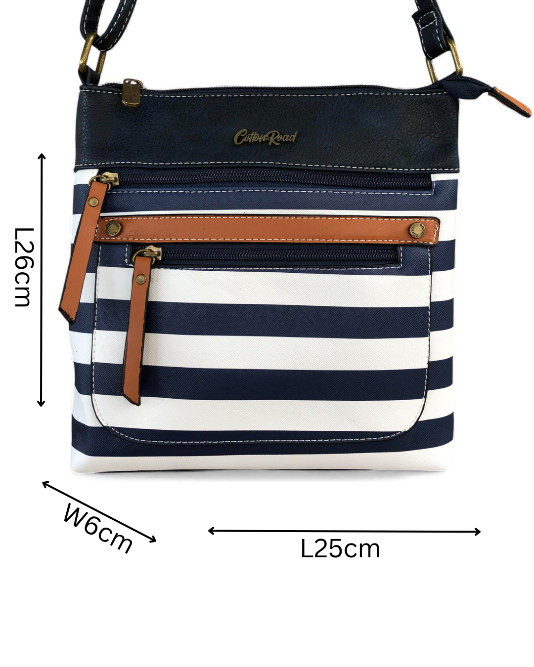NAVY BLUE and WHITE PVC Cotton Road Sling Bag with STRIPES and TAN Trim detailing