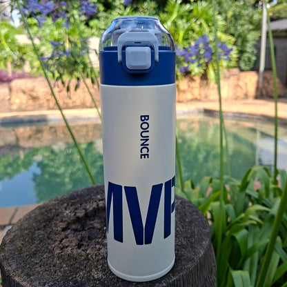500ml stainless steel thermal water bottle with leak-proof flip-top lid in blue, slimline design for school, work and gym