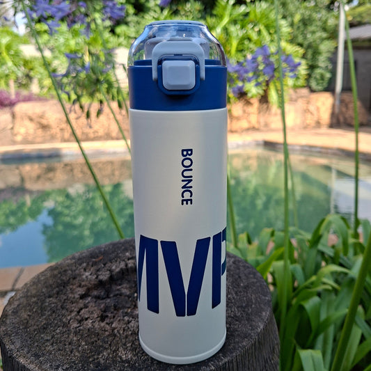 500ml stainless steel thermal water bottle with leak-proof flip-top lid in blue, slimline design for school, work and gym