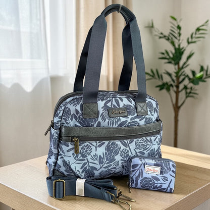 Cotton Road Handbag: BLUE/GREY Canvas PROTEA Print with MATCHING Cardholder