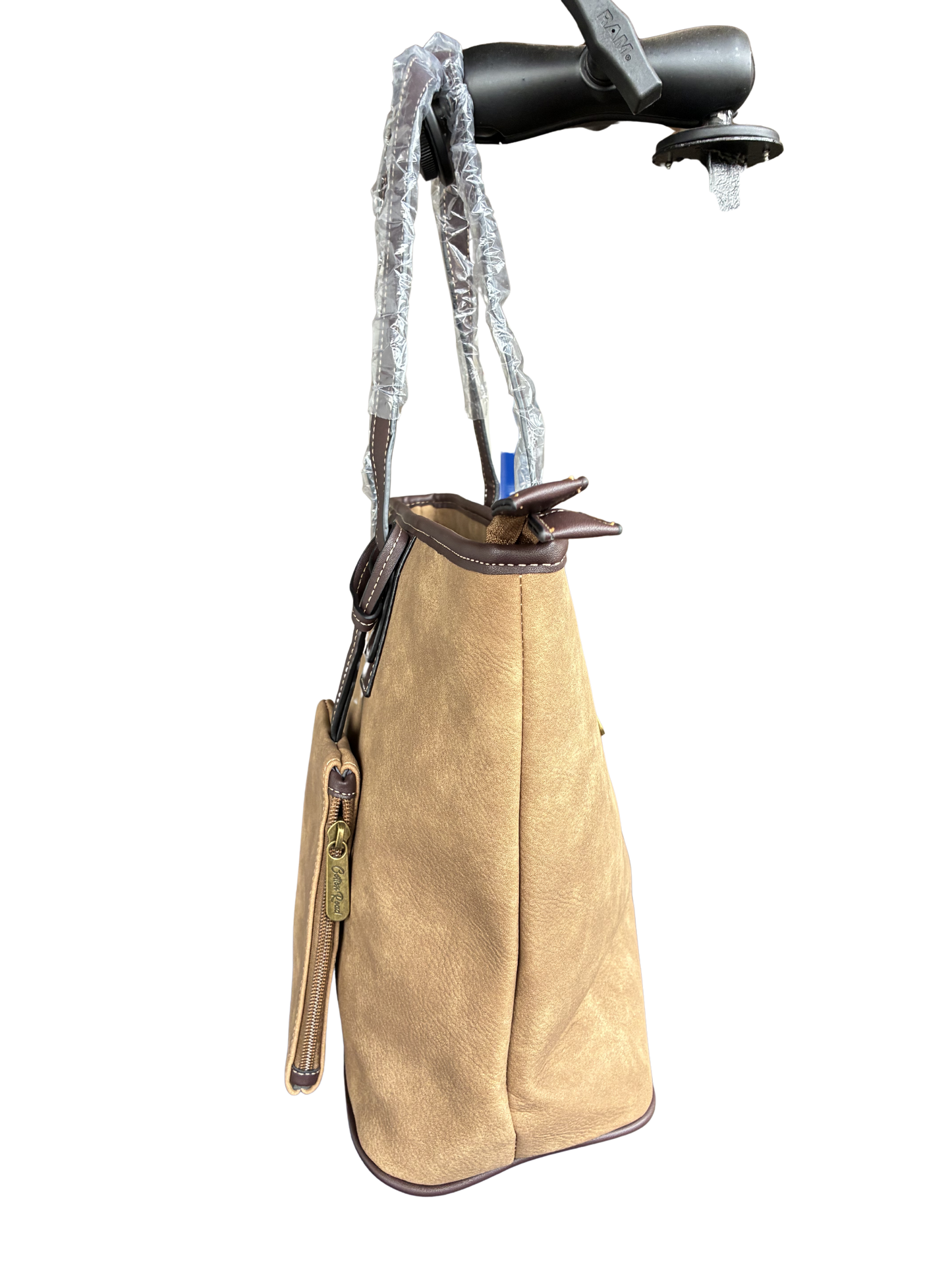 Cotton Road Tote Bag: KHAKI PU Leather Vintage Two-Tone Shopper with Pouch