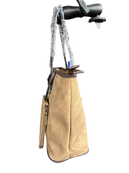 Cotton Road Tote Bag: KHAKI PU Leather Vintage Two-Tone Shopper with Pouch