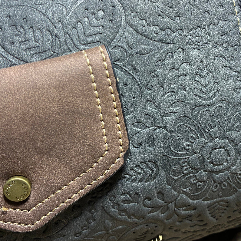 Cotton Road Barrel Sling Bag: GREY BLACK Suede-Style PU Leather with Embossed Print