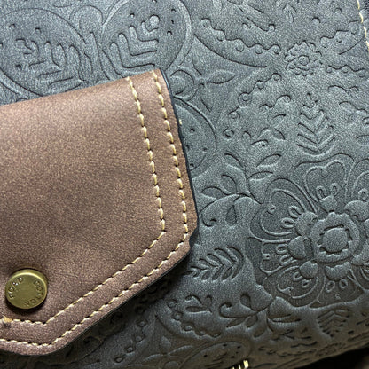Cotton Road Barrel Sling Bag: GREY BLACK Suede-Style PU Leather with Embossed Print