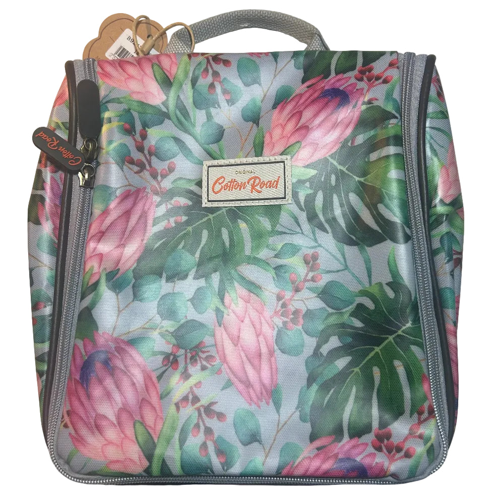 Cotton Road Toiletry Bag: BLUE COLOURFUL PROTEA PVC Hanging Vanity Bag