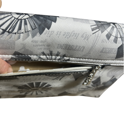 Vivace Clutch Bag: WHITE Faux Leather Sling Bag with Grey Windmill Print