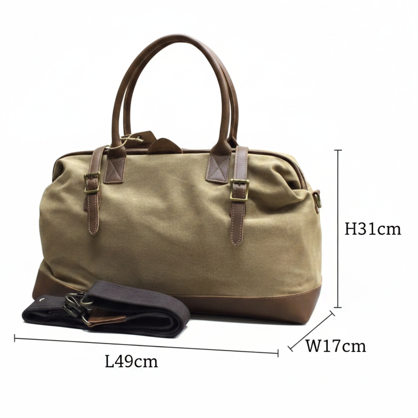 Vivace Travel Bag: KHAKI CANVAS and LEATHER Overnight Bag