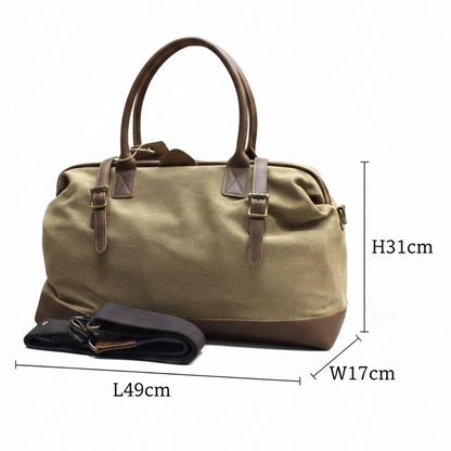 Vivace Travel Bag: KHAKI CANVAS and LEATHER Overnight Bag