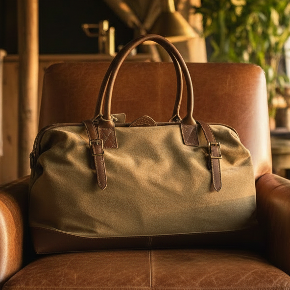 Vivace Travel Bag: KHAKI CANVAS and LEATHER Overnight Bag