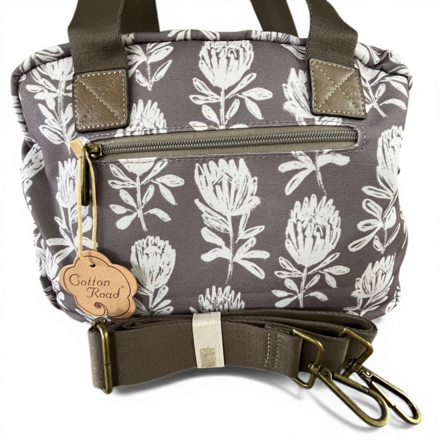 Cotton Road Handbag: KHAKI/BROWN Canvas PROTEA Print with MATCHING Card Holder