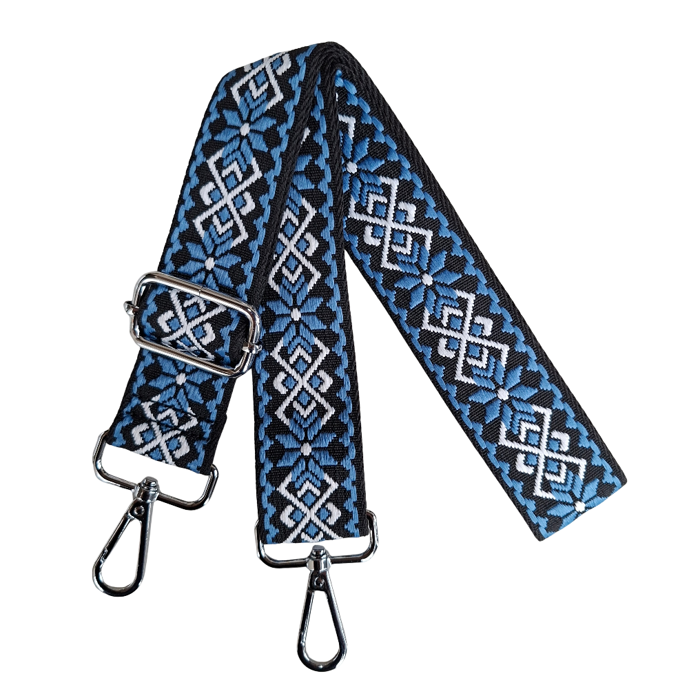 Adjustable Bag Strap: BLUE ON BLACK FLORAL Pattern