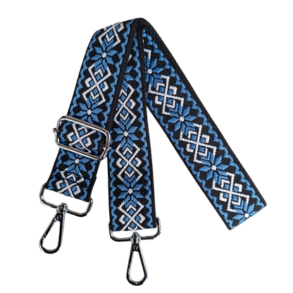 Adjustable Bag Strap: BLUE ON BLACK FLORAL Pattern