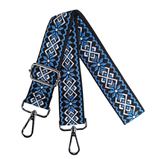 Adjustable Bag Strap: BLUE ON BLACK FLORAL Pattern