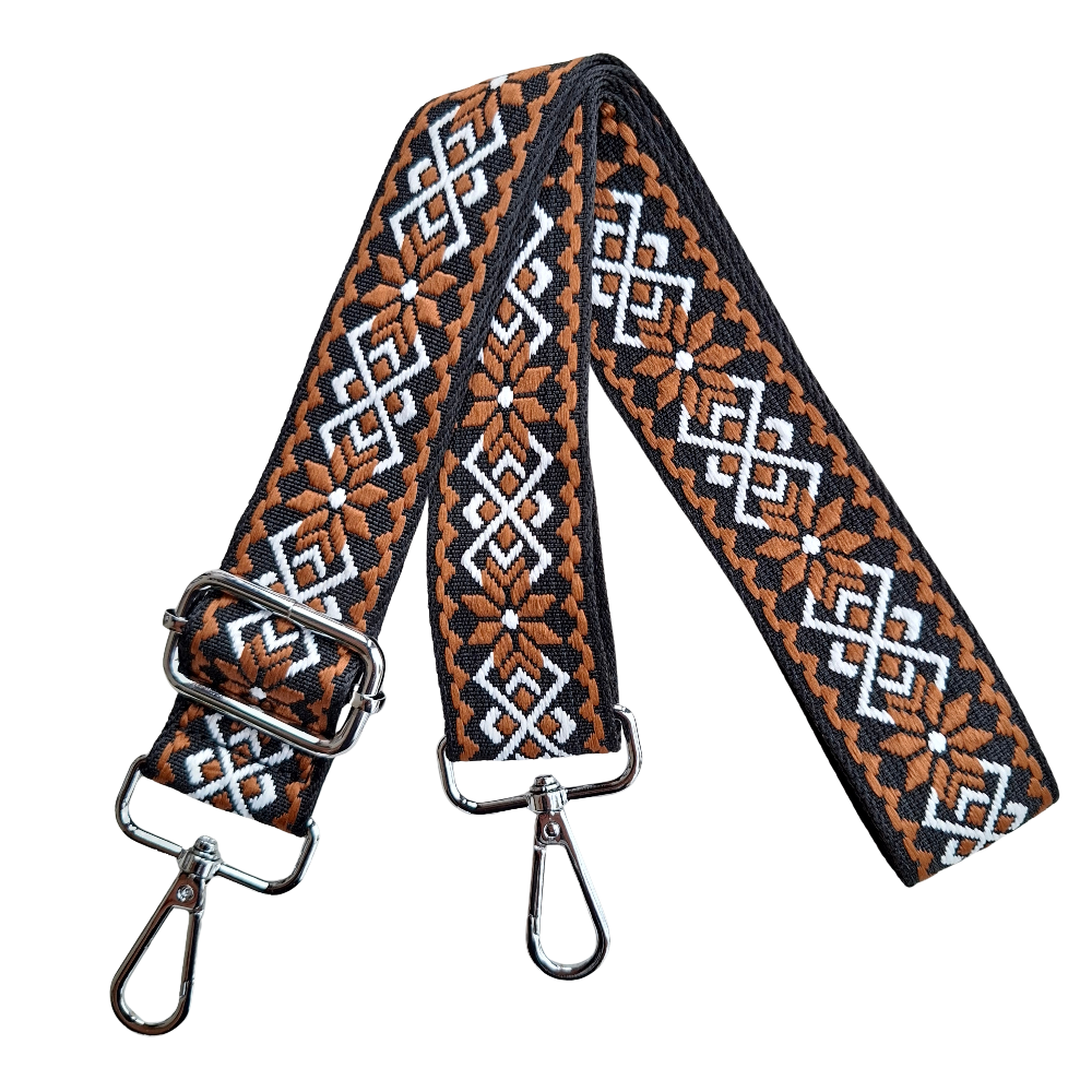 Adjustable Bag Strap: BROWN ON BLACK FLORAL PATTERN