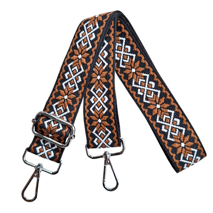 Adjustable Bag Strap: BROWN ON BLACK FLORAL PATTERN