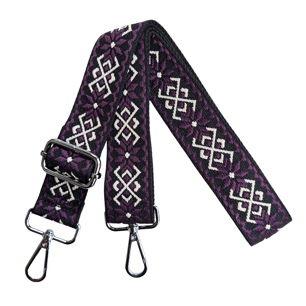 Adjustable Bag Strap: PURPLE ON BLACK with WHITE FLORAL Pattern