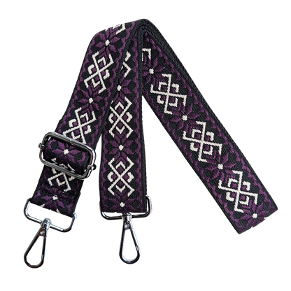Adjustable Bag Strap: PURPLE ON BLACK with WHITE FLORAL Pattern