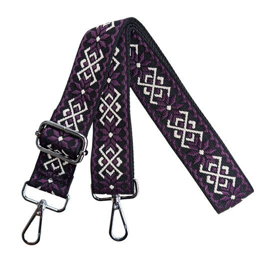 Adjustable Bag Strap: PURPLE ON BLACK with WHITE FLORAL Pattern