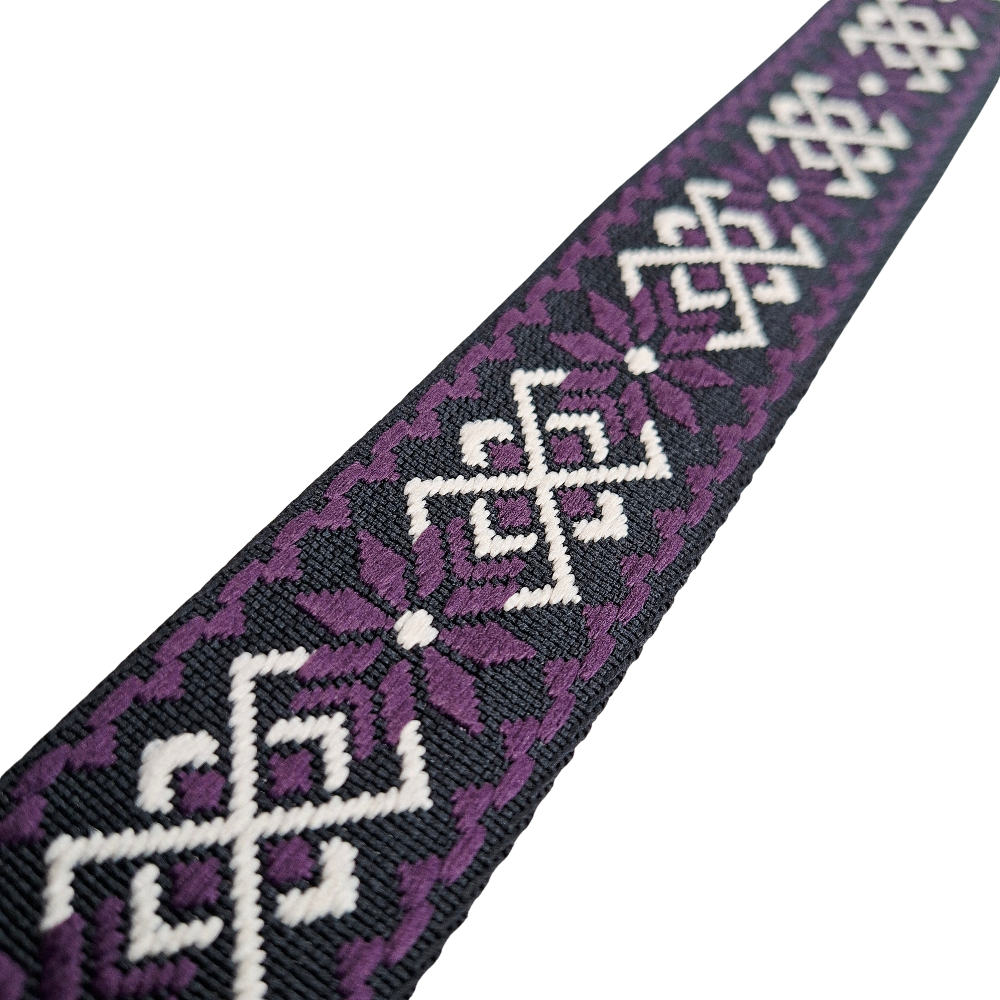 Adjustable Bag Strap: PURPLE ON BLACK with WHITE FLORAL Pattern detail