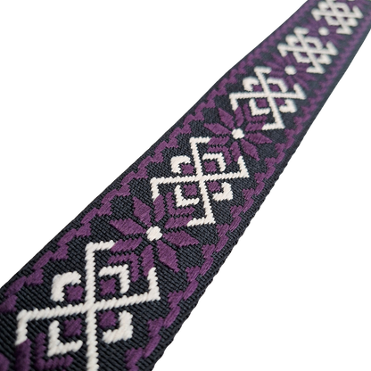 Adjustable Bag Strap: PURPLE ON BLACK with WHITE FLORAL Pattern detail