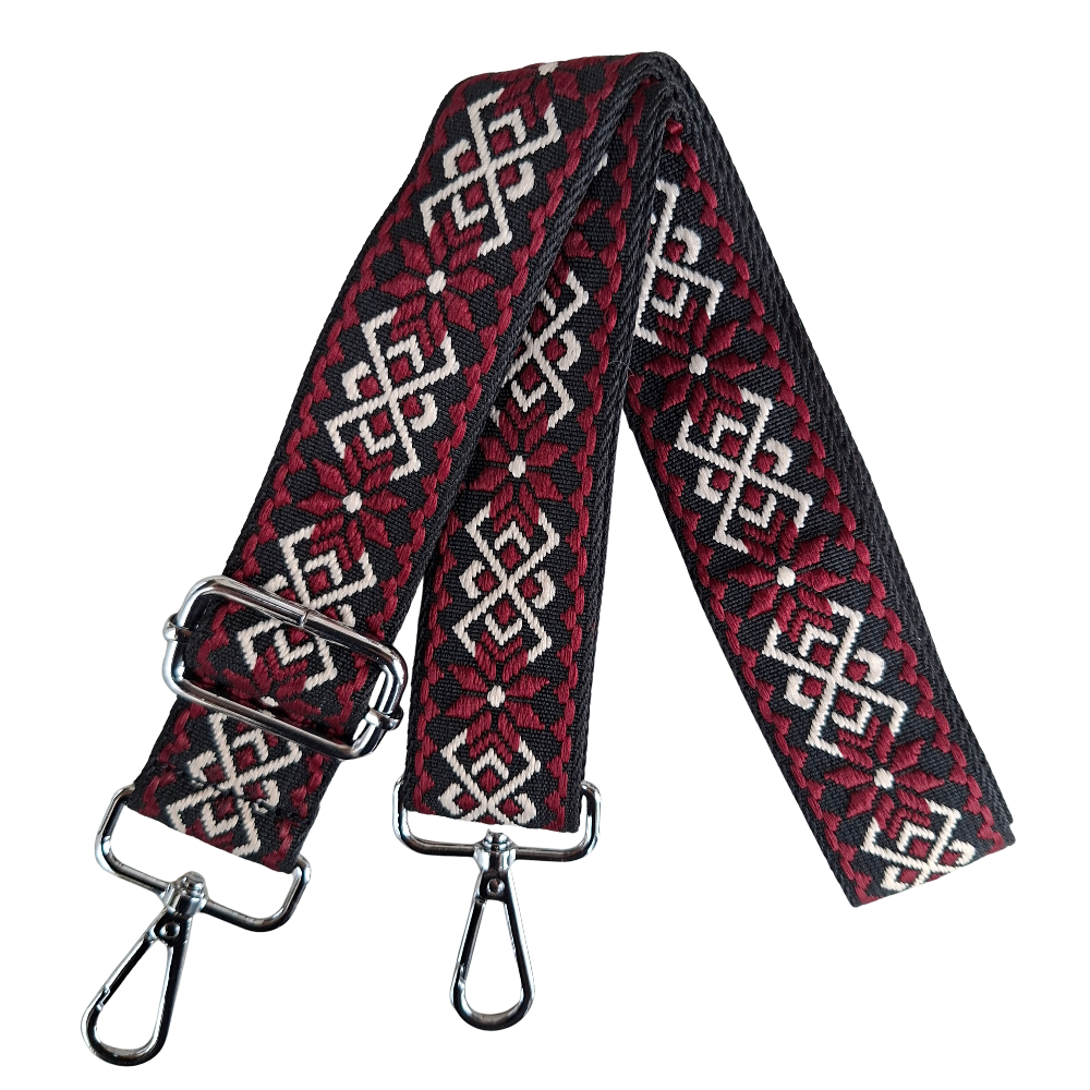 Adjustable Bag Strap: RED ON BLACK Floral Pattern