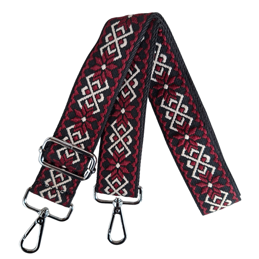 Adjustable Bag Strap: RED ON BLACK Floral Pattern