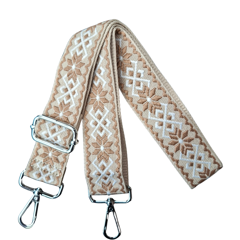 Adjustable Bag Strap: WHITE on BEIGE Pattern