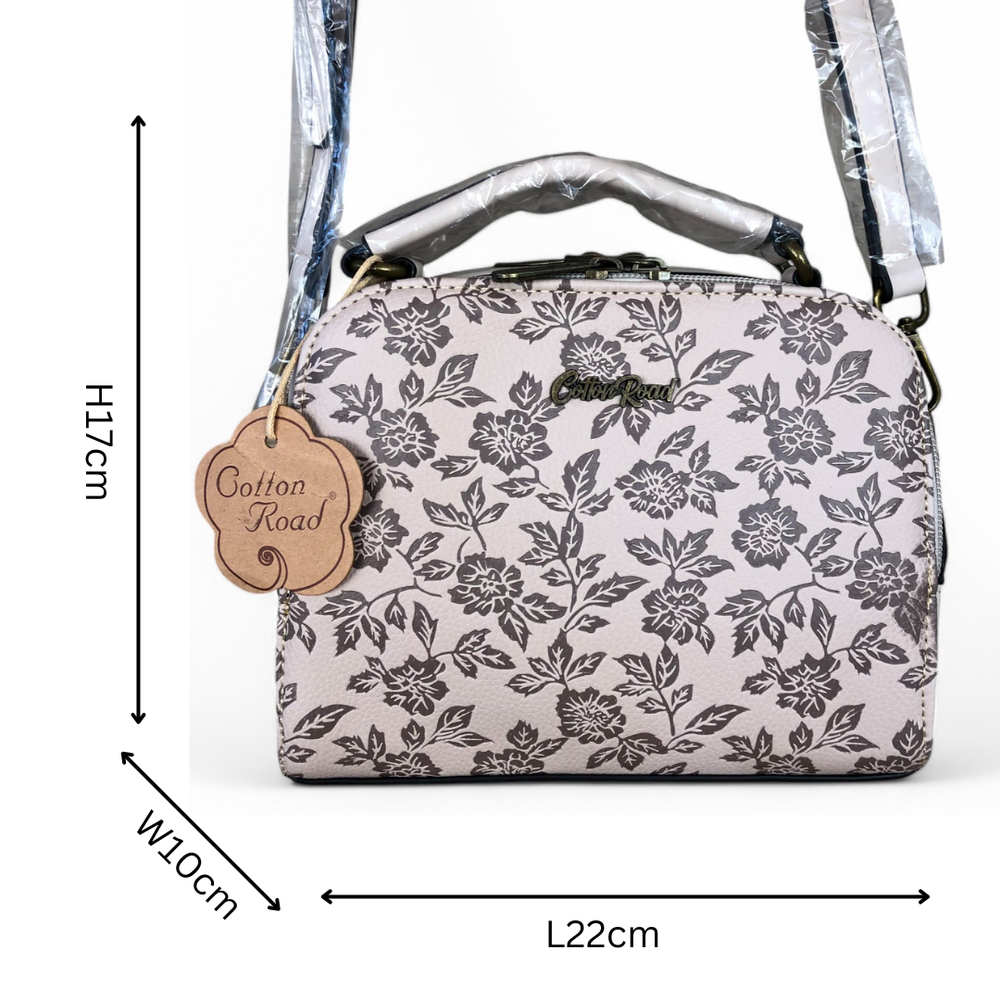 BEIGE Cotton Road PU Leather Handbag with FLORAL Panel