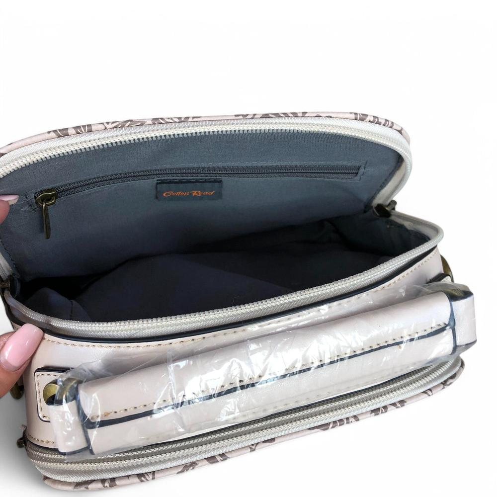 BEIGE Cotton Road PU Leather Handbag with FLORAL Panel