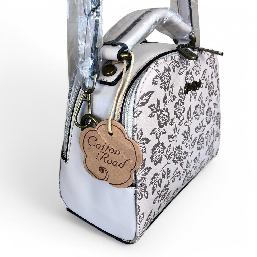 BEIGE Cotton Road PU Leather Handbag with FLORAL Panel