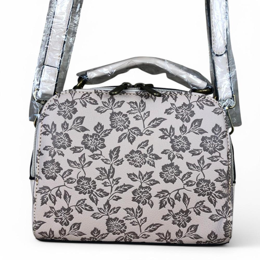 BEIGE Cotton Road PU Leather Handbag with FLORAL Panel