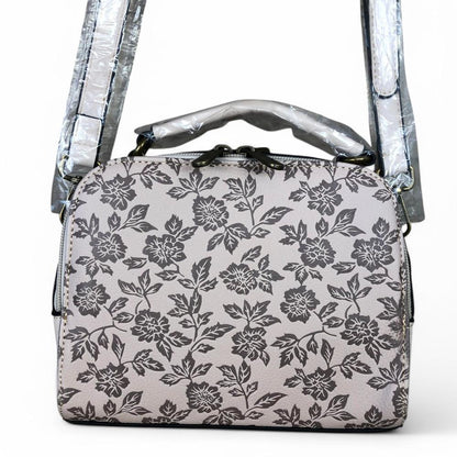BEIGE Cotton Road PU Leather Handbag with FLORAL Panel