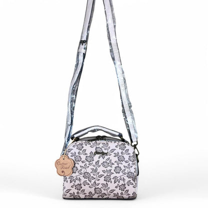 BEIGE Cotton Road PU Leather Handbag with FLORAL Panel