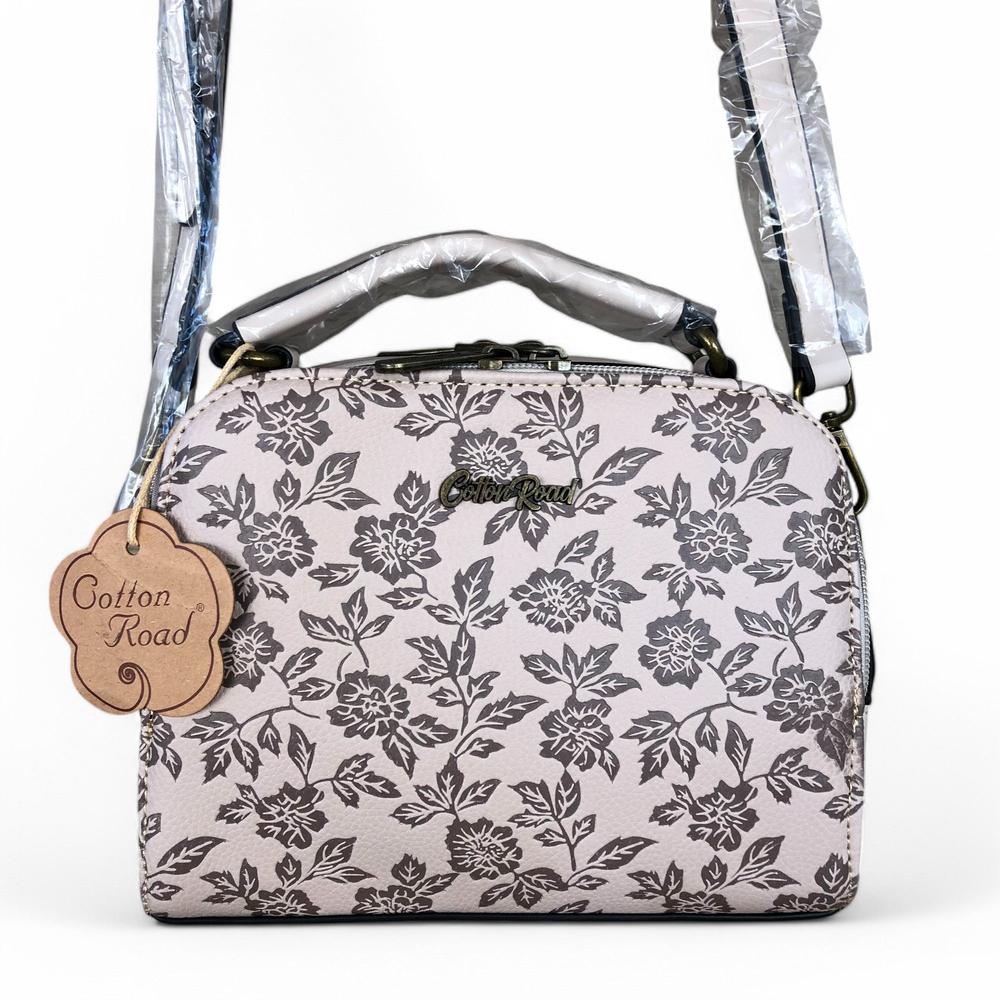 BEIGE Cotton Road PU Leather Handbag with FLORAL Panel