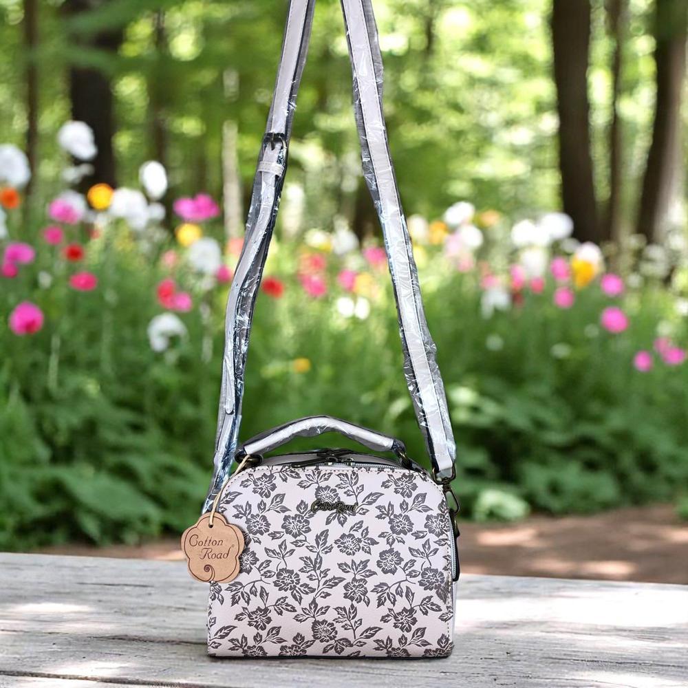 BEIGE Cotton Road PU Leather Handbag with FLORAL Panel