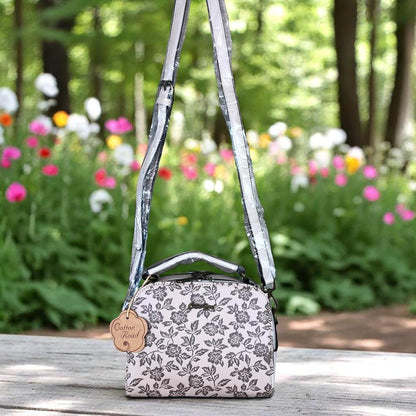 BEIGE Cotton Road PU Leather Handbag with FLORAL Panel