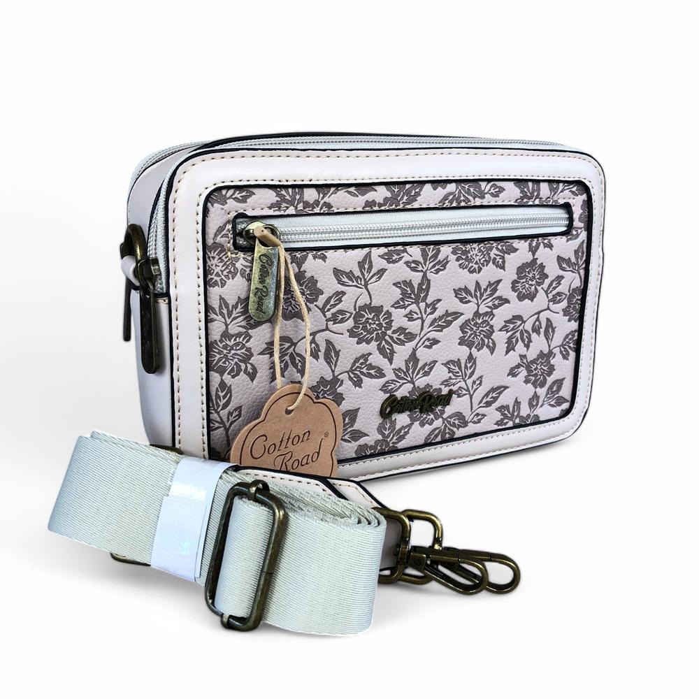 BEIGE PU Leather Cotton Road Sling Bag with FLORAL Panel