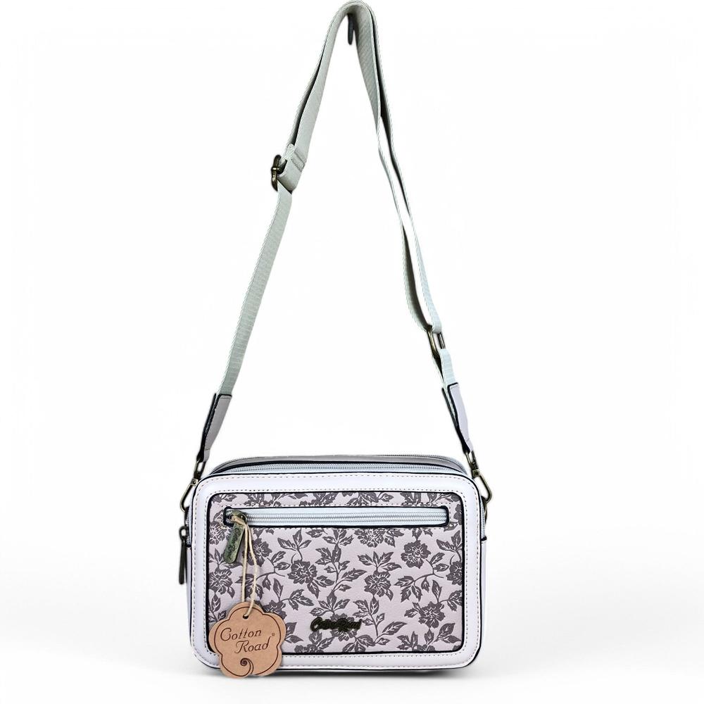 BEIGE PU Leather Cotton Road Sling Bag with FLORAL Panel