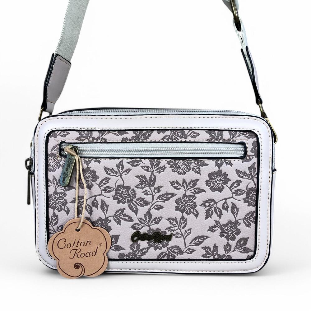 BEIGE PU Leather Cotton Road Sling Bag with FLORAL Panel