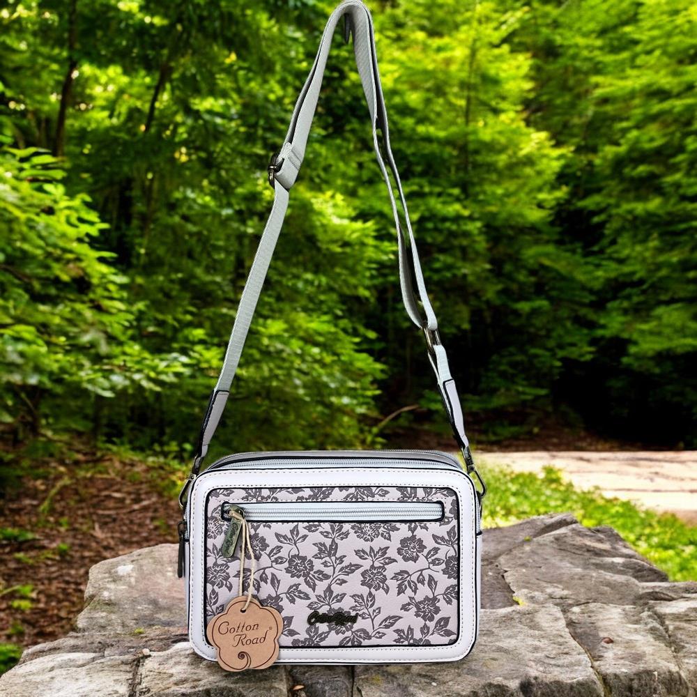 BEIGE PU Leather Cotton Road Sling Bag with FLORAL Panel