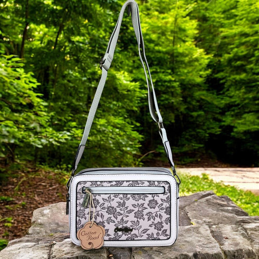 BEIGE PU Leather Cotton Road Sling Bag with FLORAL Panel