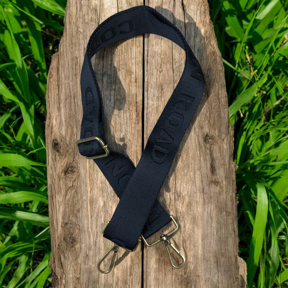 BLACK BRANDED Cotton Road Canvas Adjustable Bag Strap on wood